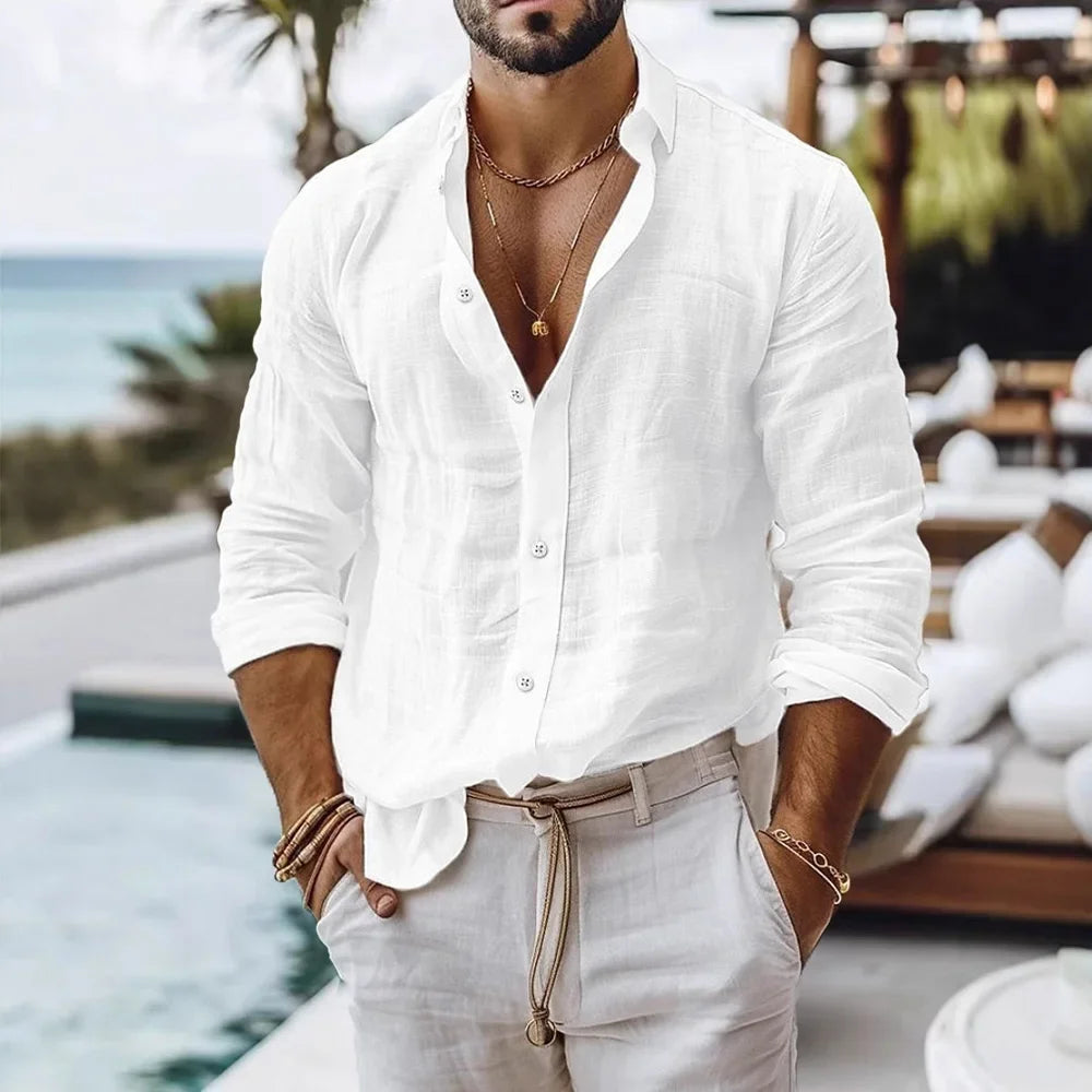 Camisa de algodón y lino para hombre, estilo playero de verano